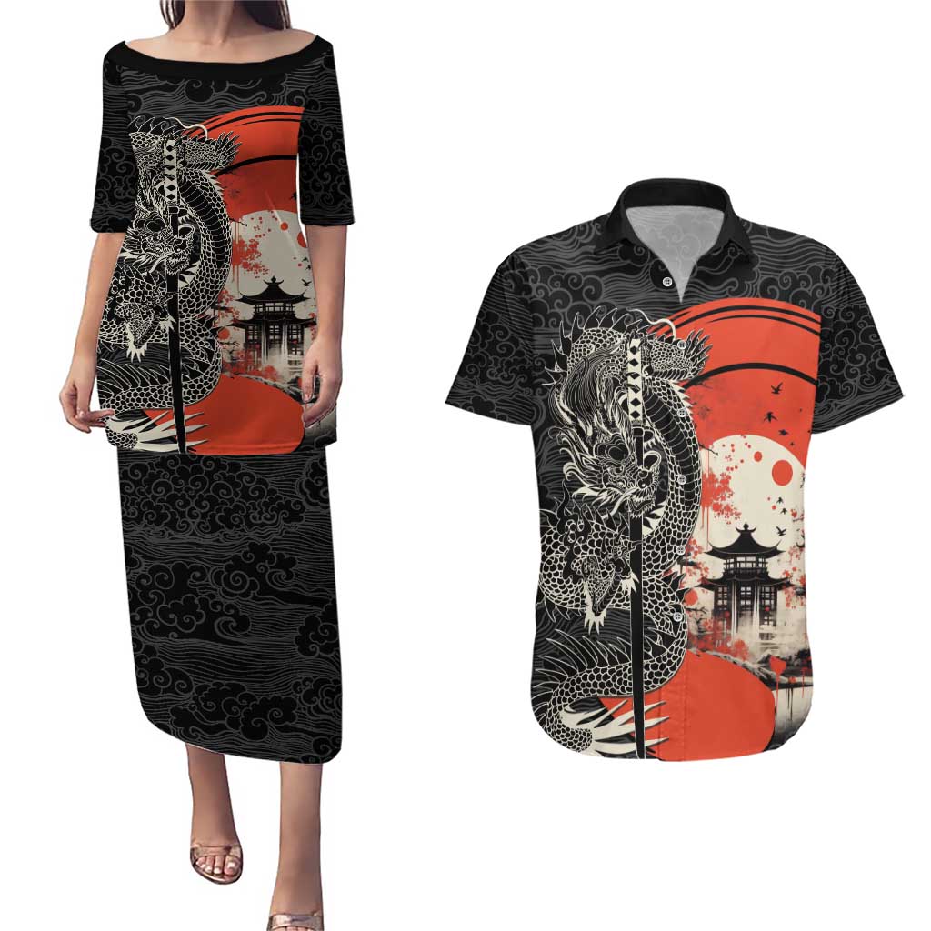 Japanese Dragon Katana Enso Couples Matching Puletasi and Hawaiian Shirt Japan Pagoda Seamless Cloud LT14 Black - Polynesian Pride