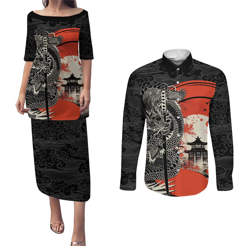 Japanese Dragon Katana Enso Couples Matching Puletasi and Long Sleeve Button Shirt Japan Pagoda Seamless Cloud LT14 Black - Polynesian Pride