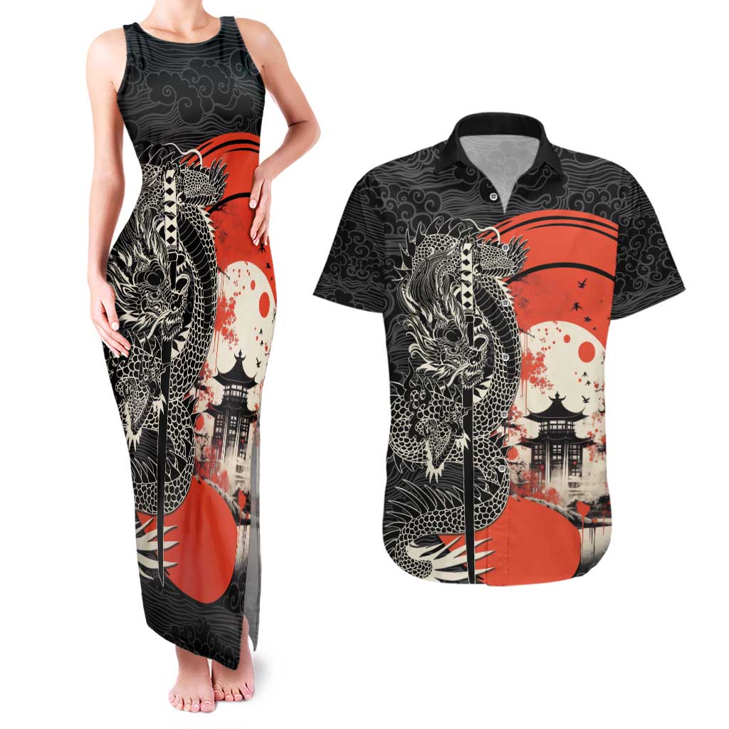 Japanese Dragon Katana Enso Couples Matching Tank Maxi Dress and Hawaiian Shirt Japan Pagoda Seamless Cloud LT14 Black - Polynesian Pride