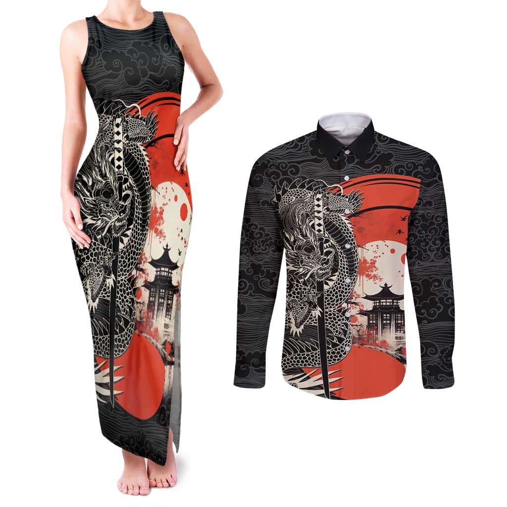 Japanese Dragon Katana Enso Couples Matching Tank Maxi Dress and Long Sleeve Button Shirt Japan Pagoda Seamless Cloud LT14 Black - Polynesian Pride