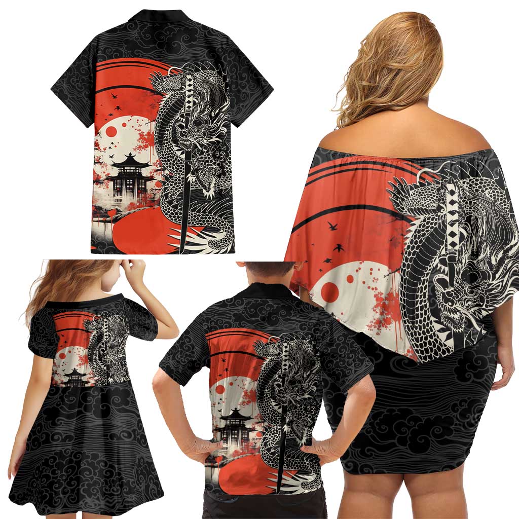 Japanese Dragon Katana Enso Family Matching Off Shoulder Short Dress and Hawaiian Shirt Japan Pagoda Seamless Cloud - Polynesian Pride