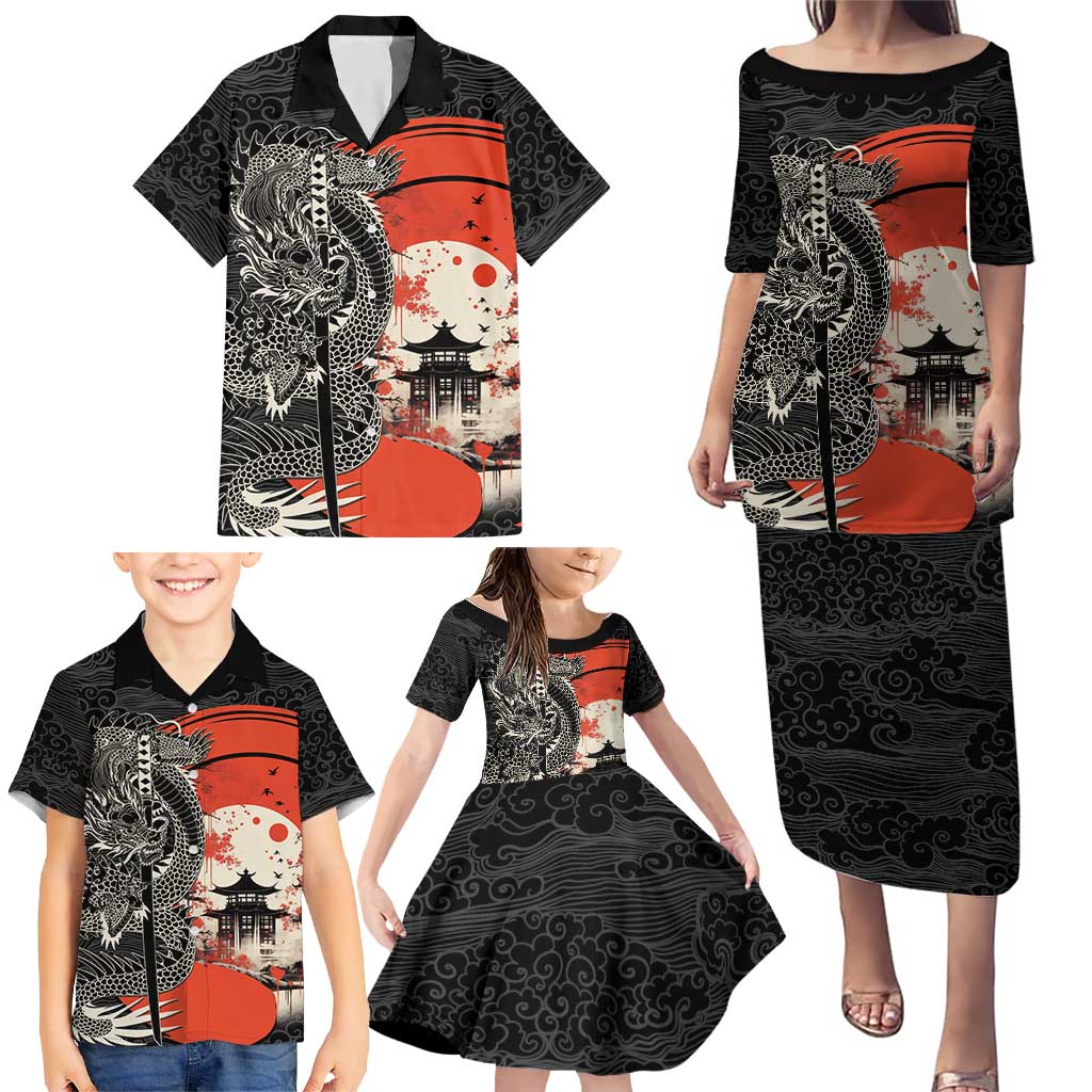 Japanese Dragon Katana Enso Family Matching Puletasi and Hawaiian Shirt Japan Pagoda Seamless Cloud LT14 - Polynesian Pride