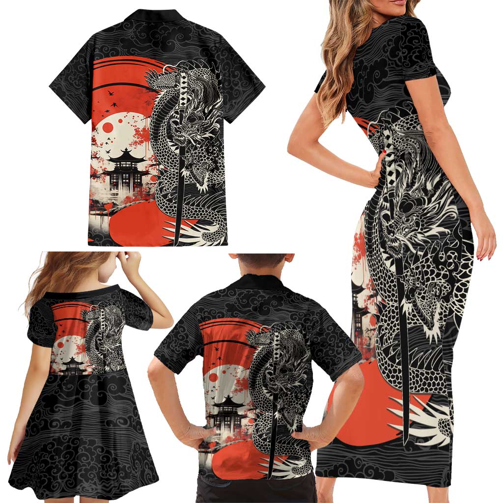 Japanese Dragon Katana Enso Family Matching Short Sleeve Bodycon Dress and Hawaiian Shirt Japan Pagoda Seamless Cloud - Polynesian Pride