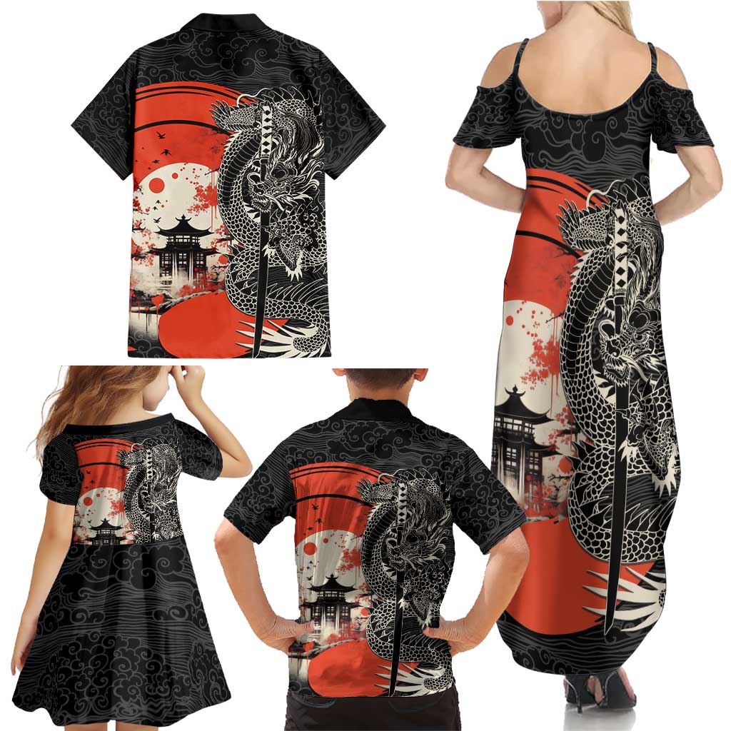 Japanese Dragon Katana Enso Family Matching Summer Maxi Dress and Hawaiian Shirt Japan Pagoda Seamless Cloud - Polynesian Pride