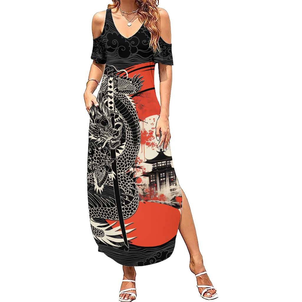 Japanese Dragon Katana Enso Family Matching Summer Maxi Dress and Hawaiian Shirt Japan Pagoda Seamless Cloud - Polynesian Pride