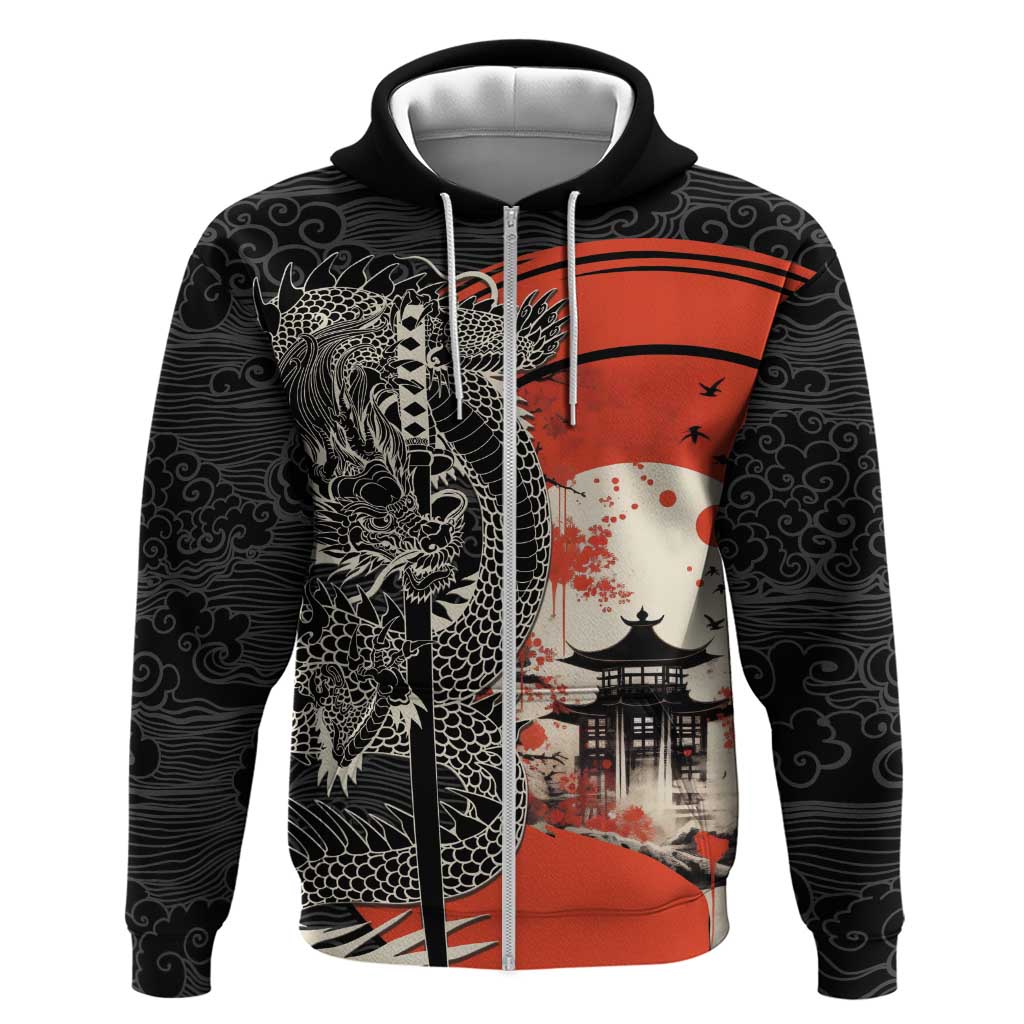 Japanese Dragon Katana Enso Hoodie Japan Pagoda Seamless Cloud LT14 Zip Hoodie Black - Polynesian Pride