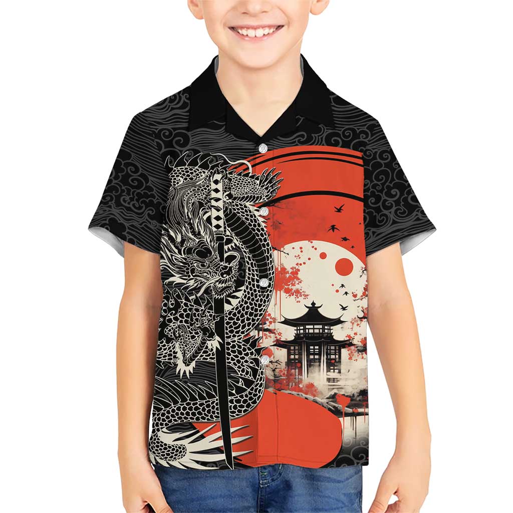 Japanese Dragon Katana Enso Kid Hawaiian Shirt Japan Pagoda Seamless Cloud LT14 Kid Black - Polynesian Pride
