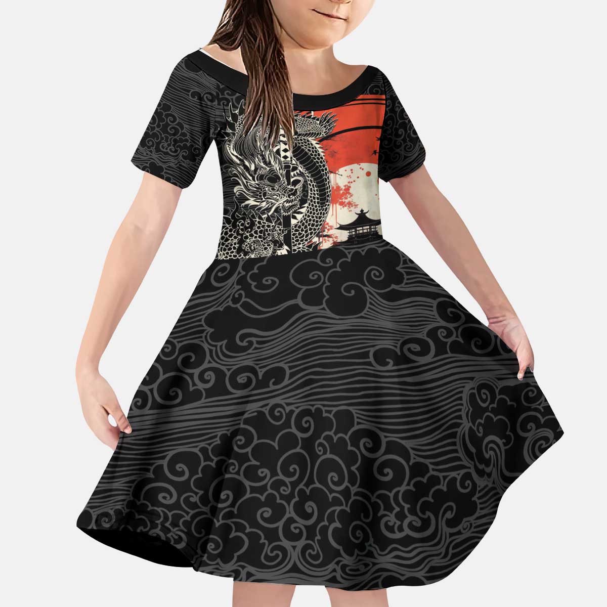 Japanese Dragon Katana Enso Kid Short Sleeve Dress Japan Pagoda Seamless Cloud - Polynesian Pride