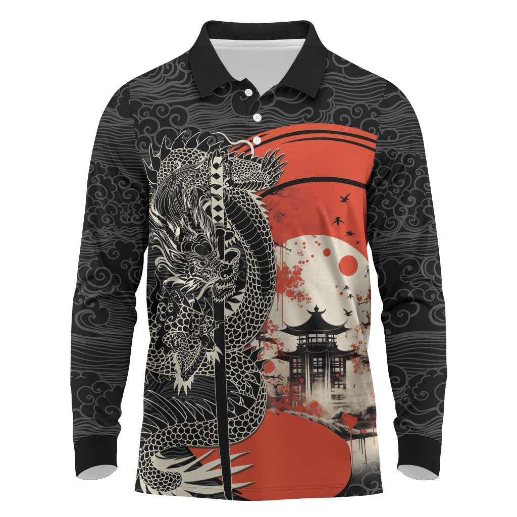 Japanese Dragon Katana Enso Long Sleeve Polo Shirt Japan Pagoda Seamless Cloud LT14 Black - Polynesian Pride