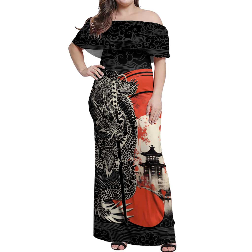 Japanese Dragon Katana Enso Off Shoulder Maxi Dress Japan Pagoda Seamless Cloud - Polynesian Pride