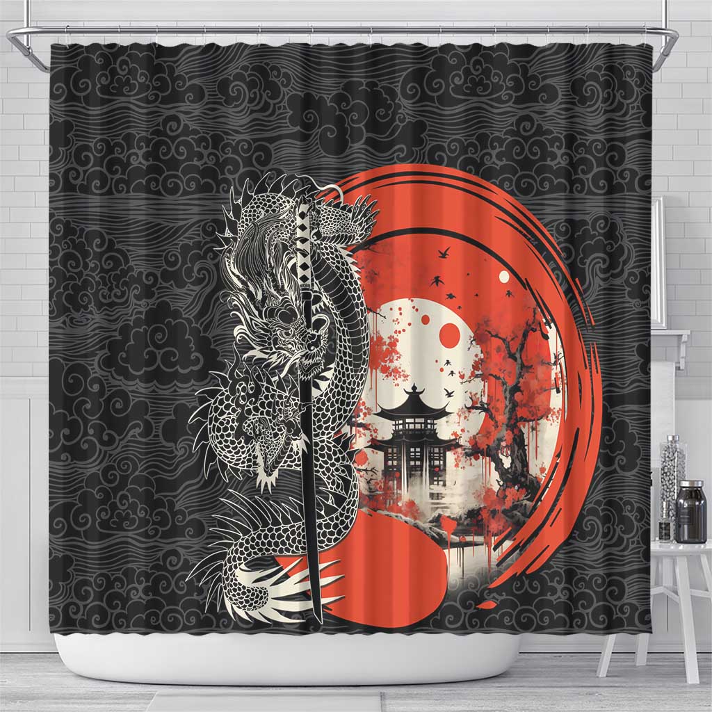 Japanese Dragon Katana Enso Shower Curtain Japan Pagoda Seamless Cloud - Polynesian Pride