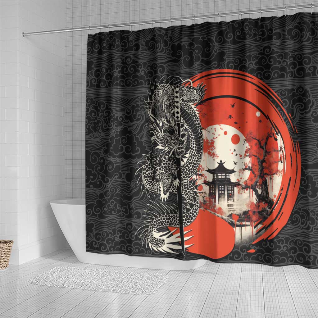 Japanese Dragon Katana Enso Shower Curtain Japan Pagoda Seamless Cloud - Polynesian Pride