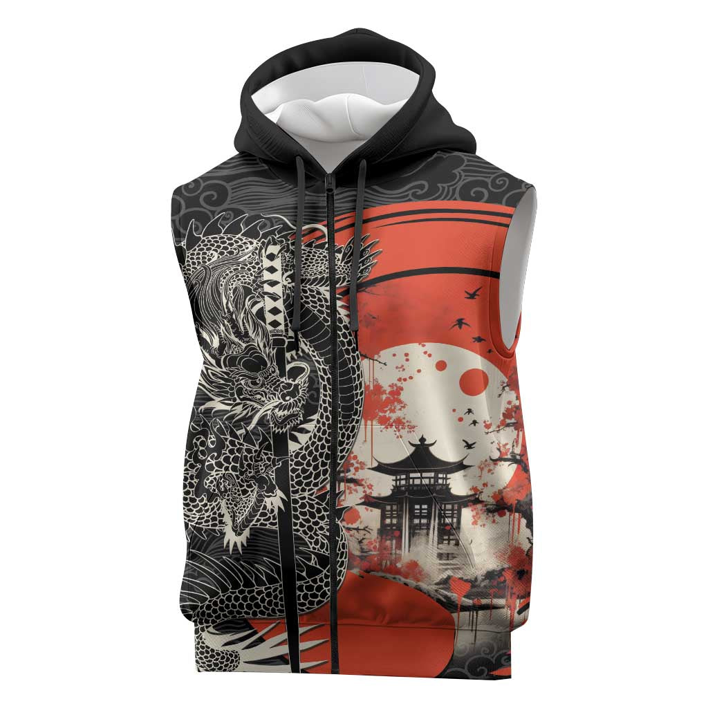 Japanese Dragon Katana Enso Sleeveless Zip Hoodie Japan Pagoda Seamless Cloud LT14 Black - Polynesian Pride