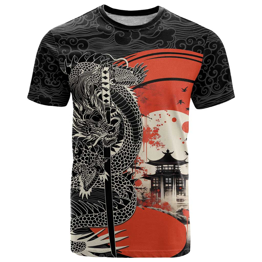 Japanese Dragon Katana Enso T Shirt Japan Pagoda Seamless Cloud LT14 Black - Polynesian Pride