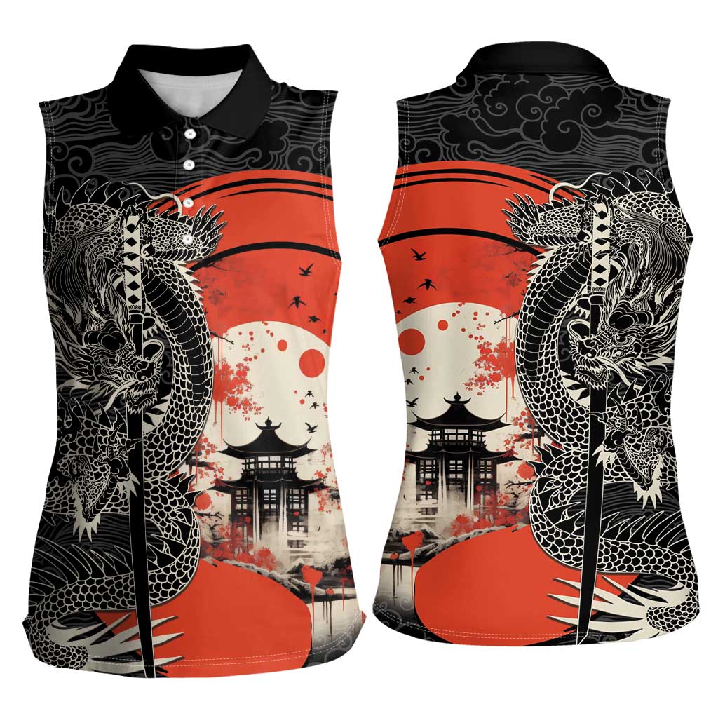 Japanese Dragon Katana Enso Women Sleeveless Polo Shirt Japan Pagoda Seamless Cloud LT14 - Polynesian Pride