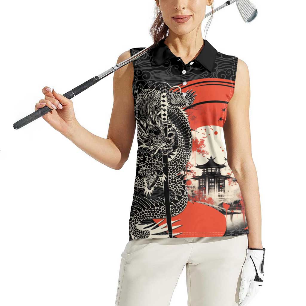 Japanese Dragon Katana Enso Women Sleeveless Polo Shirt Japan Pagoda Seamless Cloud LT14 - Polynesian Pride