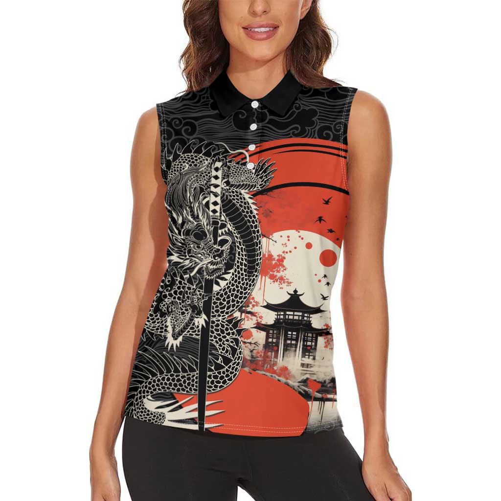 Japanese Dragon Katana Enso Women Sleeveless Polo Shirt Japan Pagoda Seamless Cloud LT14 - Polynesian Pride