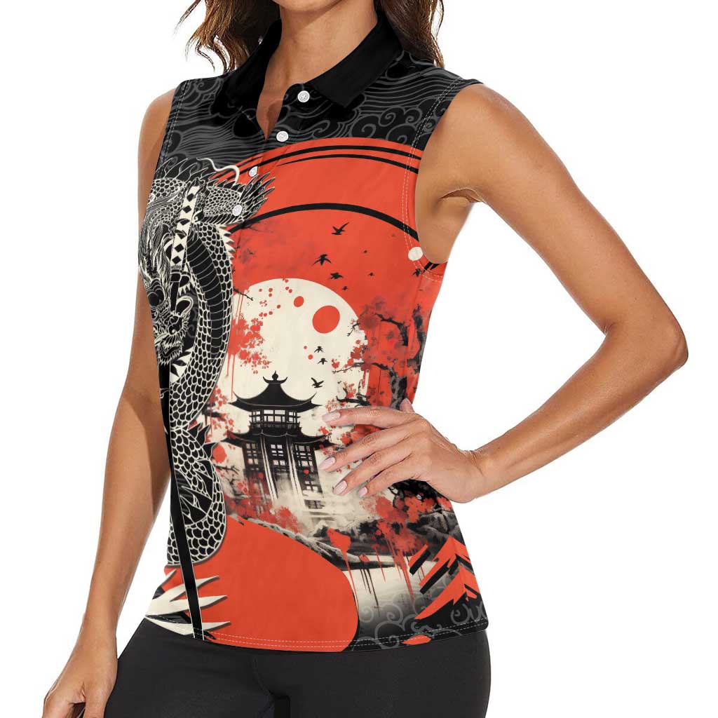 Japanese Dragon Katana Enso Women Sleeveless Polo Shirt Japan Pagoda Seamless Cloud LT14 - Polynesian Pride