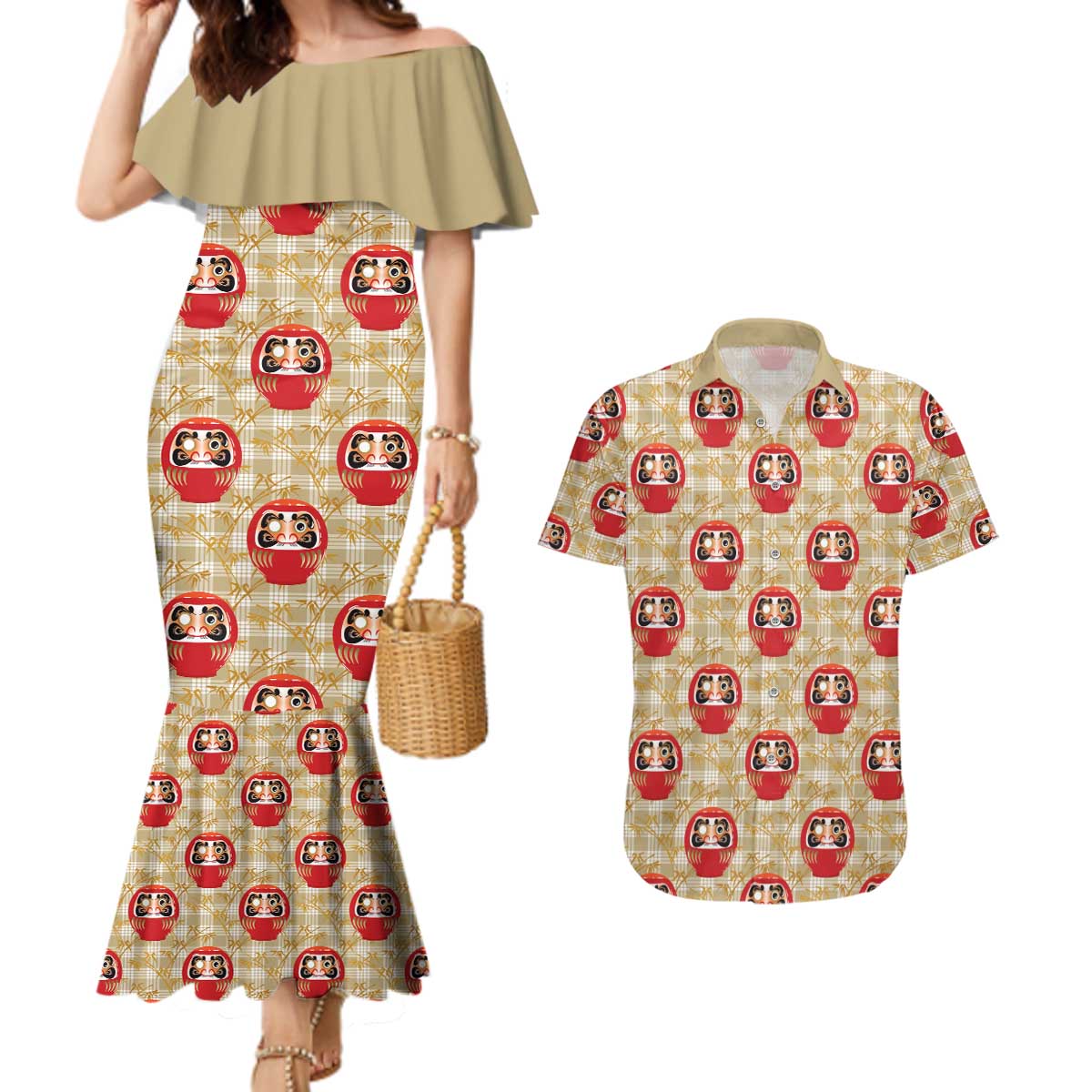 Japanese Daruma Doll Couples Matching Mermaid Dress and Hawaiian Shirt Palaka With Seamless Bamboo Pattern LT14 Beige - Polynesian Pride