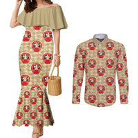 Japanese Daruma Doll Couples Matching Mermaid Dress and Long Sleeve Button Shirt Palaka With Seamless Bamboo Pattern - Polynesian Pride