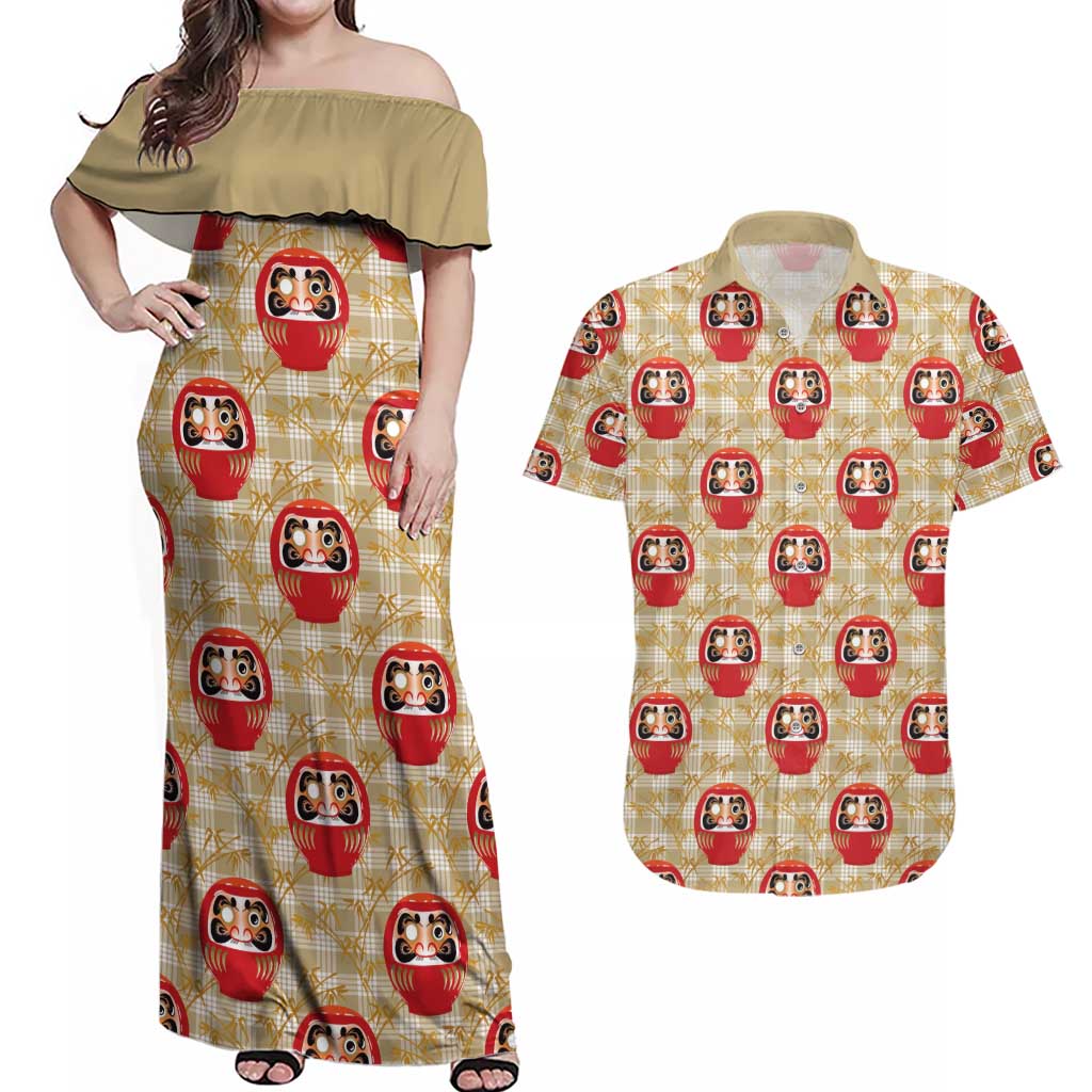 Japanese Daruma Doll Couples Matching Off Shoulder Maxi Dress and Hawaiian Shirt Palaka With Seamless Bamboo Pattern LT14 Beige - Polynesian Pride