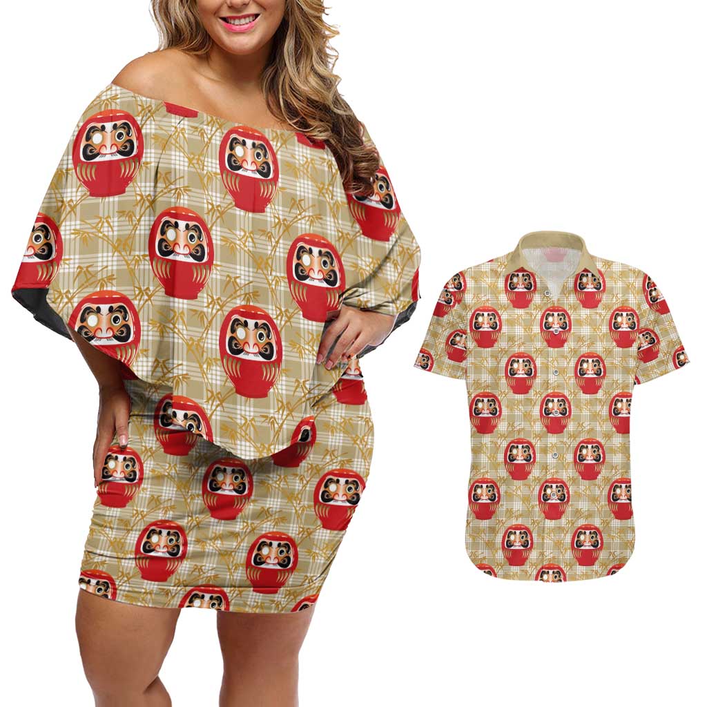 Japanese Daruma Doll Couples Matching Off Shoulder Short Dress and Hawaiian Shirt Palaka With Seamless Bamboo Pattern LT14 Beige - Polynesian Pride