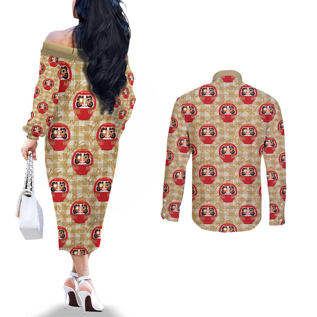 Japanese Daruma Doll Couples Matching Off The Shoulder Long Sleeve Dress and Long Sleeve Button Shirt Palaka With Seamless Bamboo Pattern LT14 - Polynesian Pride