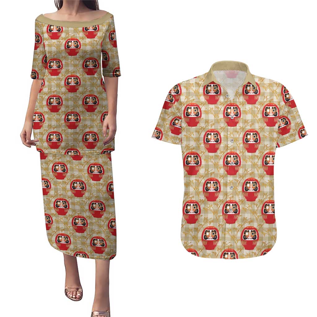 Japanese Daruma Doll Couples Matching Puletasi and Hawaiian Shirt Palaka With Seamless Bamboo Pattern LT14 Beige - Polynesian Pride