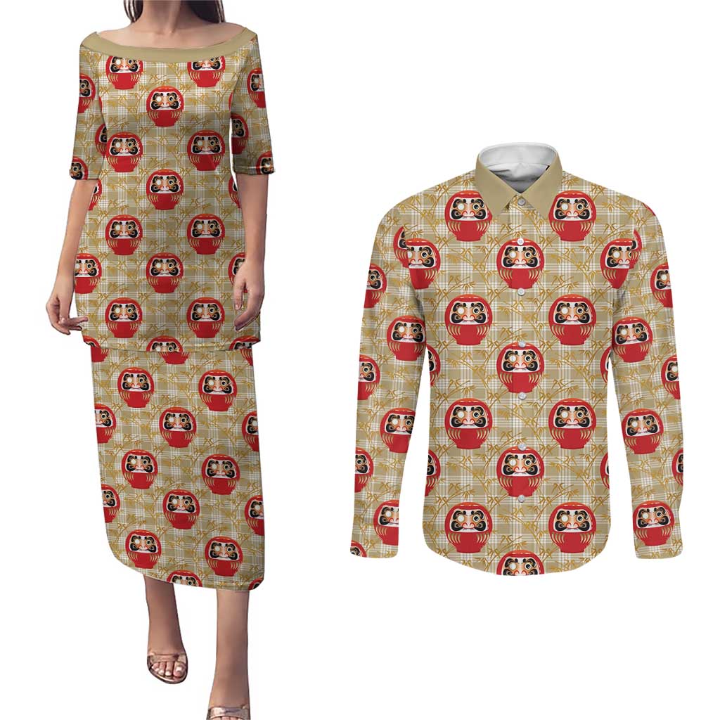 Japanese Daruma Doll Couples Matching Puletasi and Long Sleeve Button Shirt Palaka With Seamless Bamboo Pattern LT14 Beige - Polynesian Pride