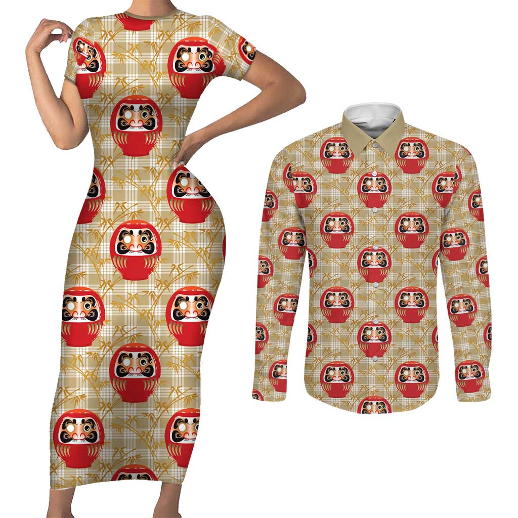 Japanese Daruma Doll Couples Matching Short Sleeve Bodycon Dress and Long Sleeve Button Shirt Palaka With Seamless Bamboo Pattern LT14 Beige - Polynesian Pride