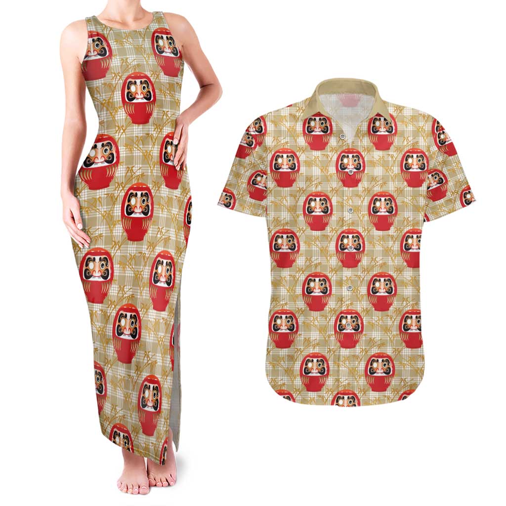 Japanese Daruma Doll Couples Matching Tank Maxi Dress and Hawaiian Shirt Palaka With Seamless Bamboo Pattern LT14 Beige - Polynesian Pride