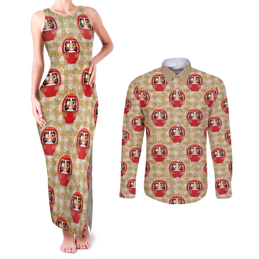 Japanese Daruma Doll Couples Matching Tank Maxi Dress and Long Sleeve Button Shirt Palaka With Seamless Bamboo Pattern LT14 Beige - Polynesian Pride