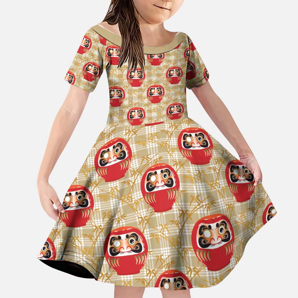 Japanese Daruma Doll Family Matching Mermaid Dress and Hawaiian Shirt Palaka With Seamless Bamboo Pattern LT14 Daughter's Dress Beige - Polynesian Pride