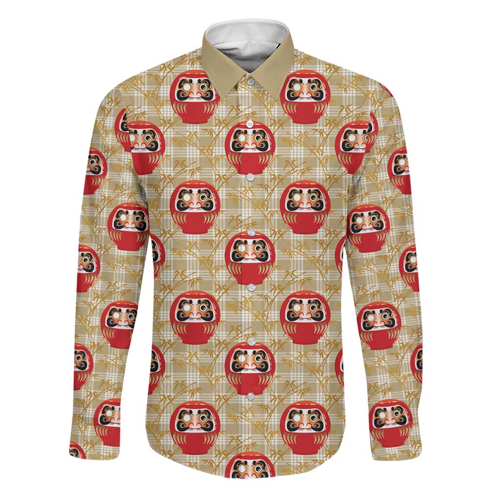 Japanese Daruma Doll Family Matching Mermaid Dress and Hawaiian Shirt Palaka With Seamless Bamboo Pattern LT14 Dad's Shirt - Long Sleeve Beige - Polynesian Pride