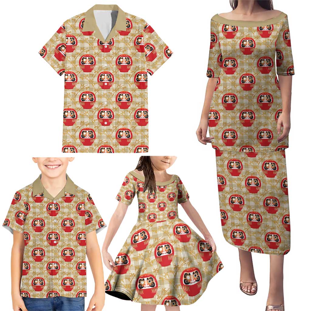 Japanese Daruma Doll Family Matching Puletasi and Hawaiian Shirt Palaka With Seamless Bamboo Pattern LT14 - Polynesian Pride
