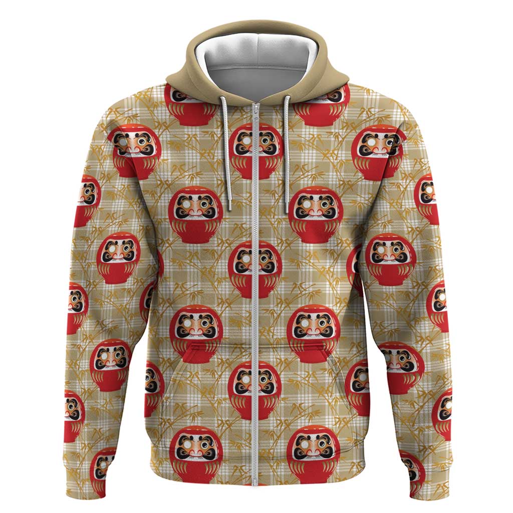 Japanese Daruma Doll Hoodie Palaka With Seamless Bamboo Pattern LT14 Zip Hoodie Beige - Polynesian Pride