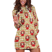 Japanese Daruma Doll Hoodie Dress Palaka With Seamless Bamboo Pattern LT14 Beige - Polynesian Pride