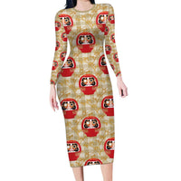Japanese Daruma Doll Long Sleeve Bodycon Dress Palaka With Seamless Bamboo Pattern LT14 Long Dress Beige - Polynesian Pride
