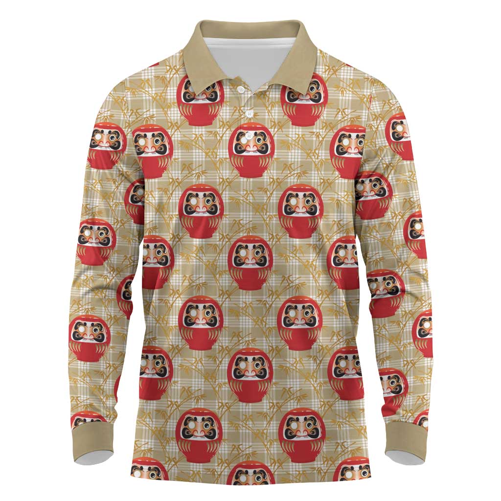 Japanese Daruma Doll Long Sleeve Polo Shirt Palaka With Seamless Bamboo Pattern LT14 Beige - Polynesian Pride