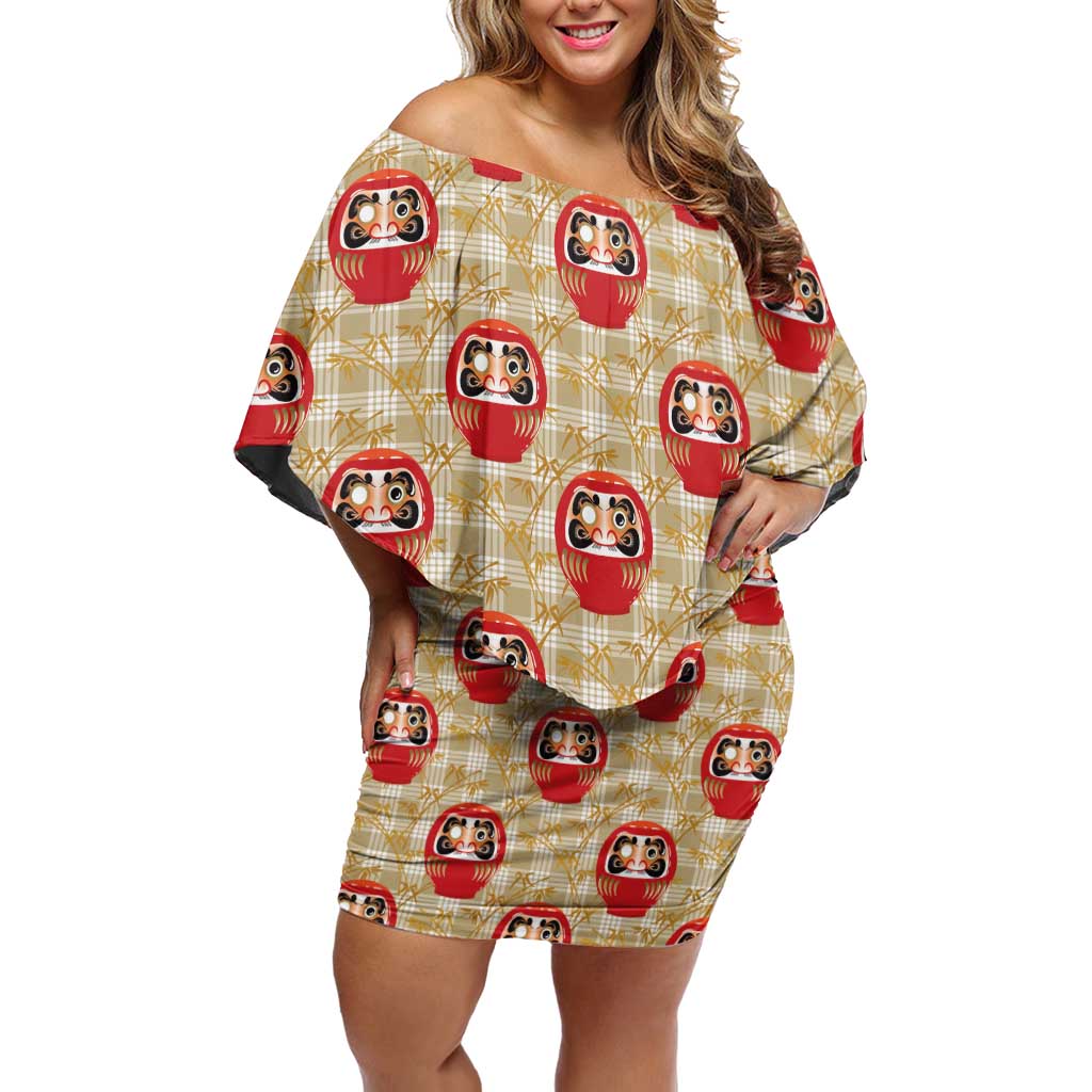 Japanese Daruma Doll Off Shoulder Short Dress Palaka With Seamless Bamboo Pattern - Polynesian Pride