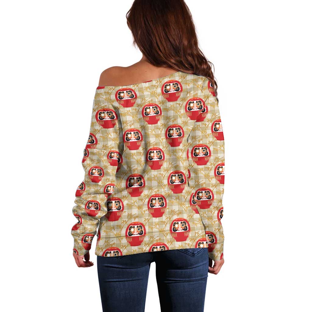 Japanese Daruma Doll Off Shoulder Sweater Palaka With Seamless Bamboo Pattern - Polynesian Pride