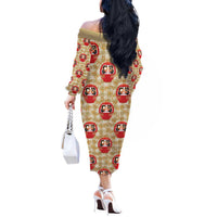Japanese Daruma Doll Off The Shoulder Long Sleeve Dress Palaka With Seamless Bamboo Pattern - Polynesian Pride