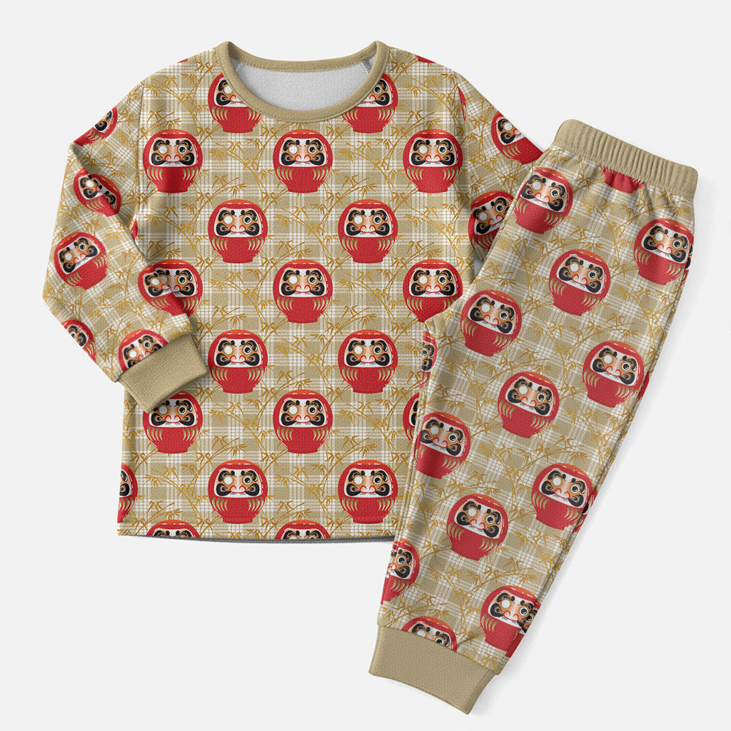 Japanese Daruma Doll Christmas Pajama Set Palaka With Seamless Bamboo Pattern LT14 Men Beige - Polynesian Pride
