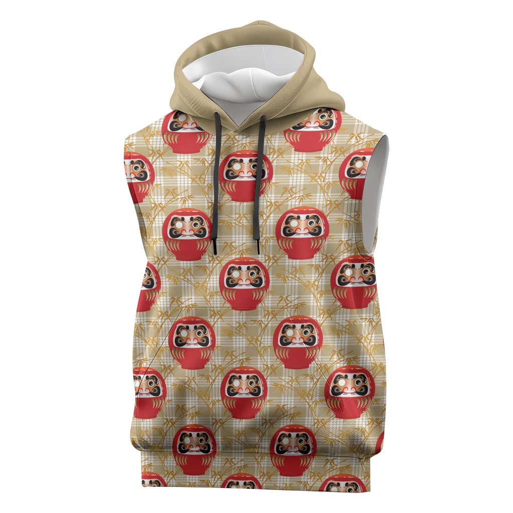 Japanese Daruma Doll Sleeveless Hoodie Palaka With Seamless Bamboo Pattern LT14 Beige - Polynesian Pride