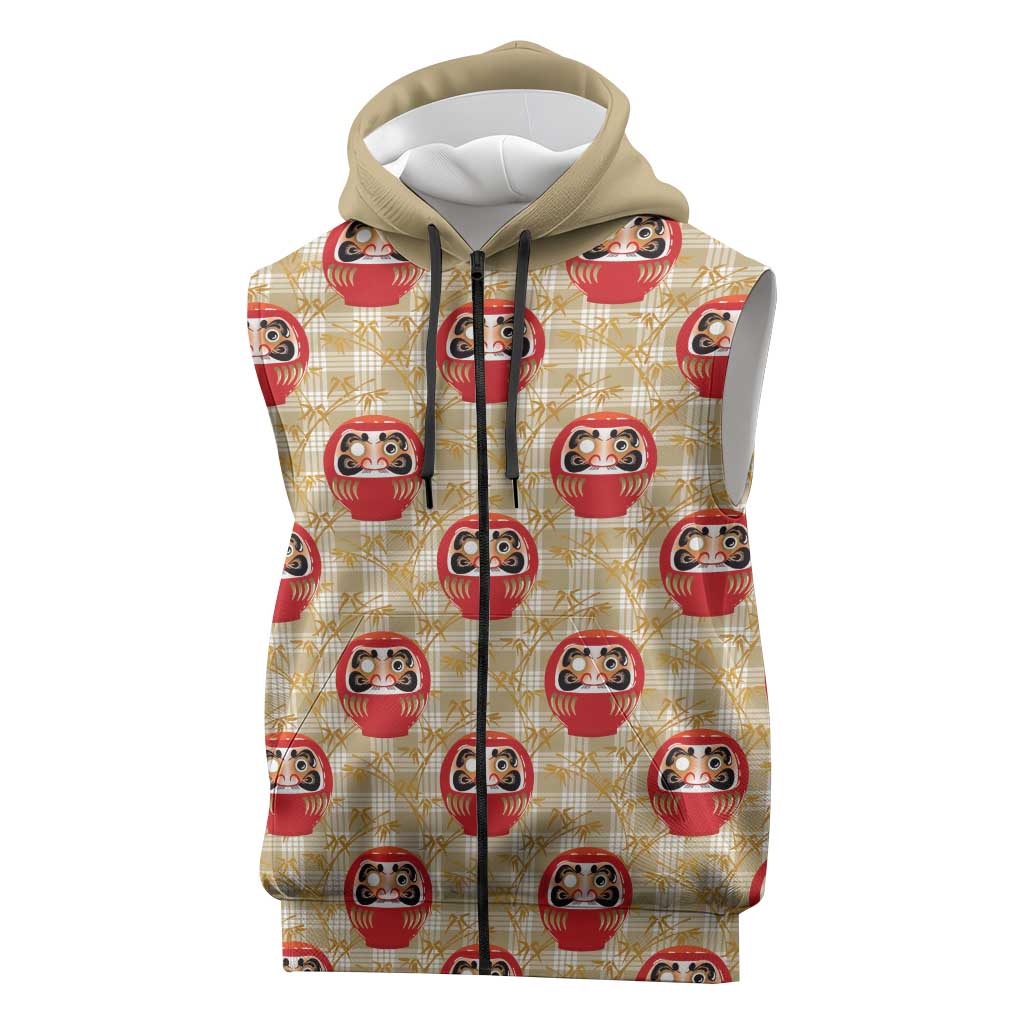 Japanese Daruma Doll Sleeveless Zip Hoodie Palaka With Seamless Bamboo Pattern LT14 Beige - Polynesian Pride
