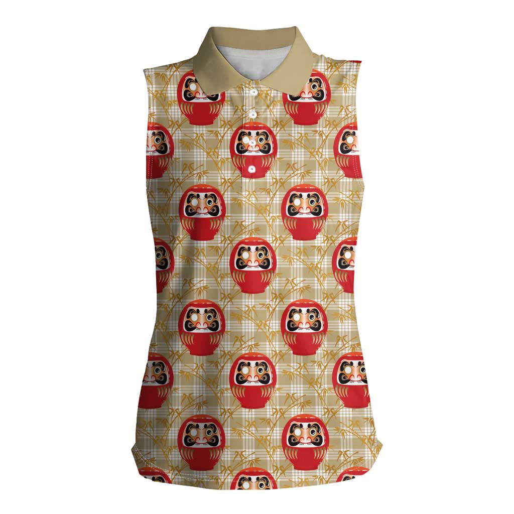 Japanese Daruma Doll Women Sleeveless Polo Shirt Palaka With Seamless Bamboo Pattern - Polynesian Pride