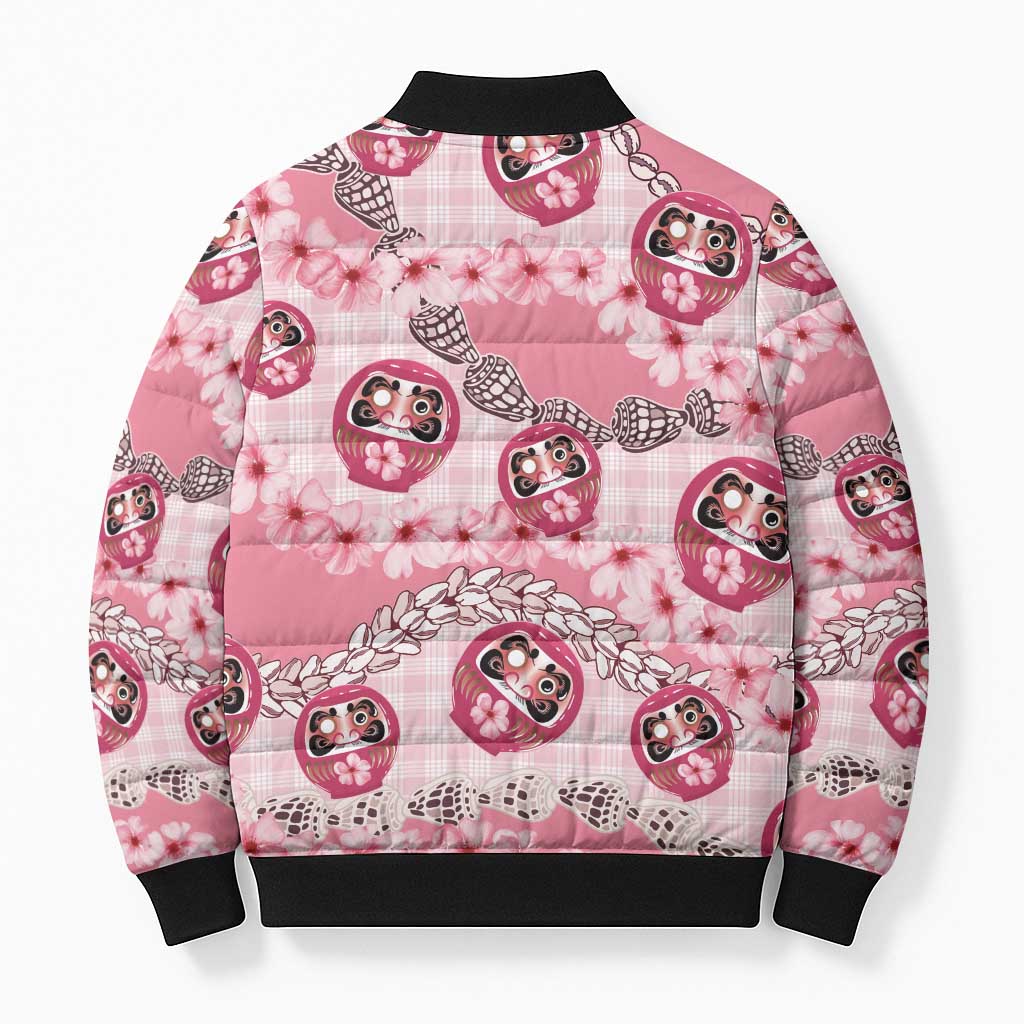 Japanese Daruma Doll Palaka Bomber Puffer Jacket Cherry Blossoms With Shell Lei - Polynesian Pride