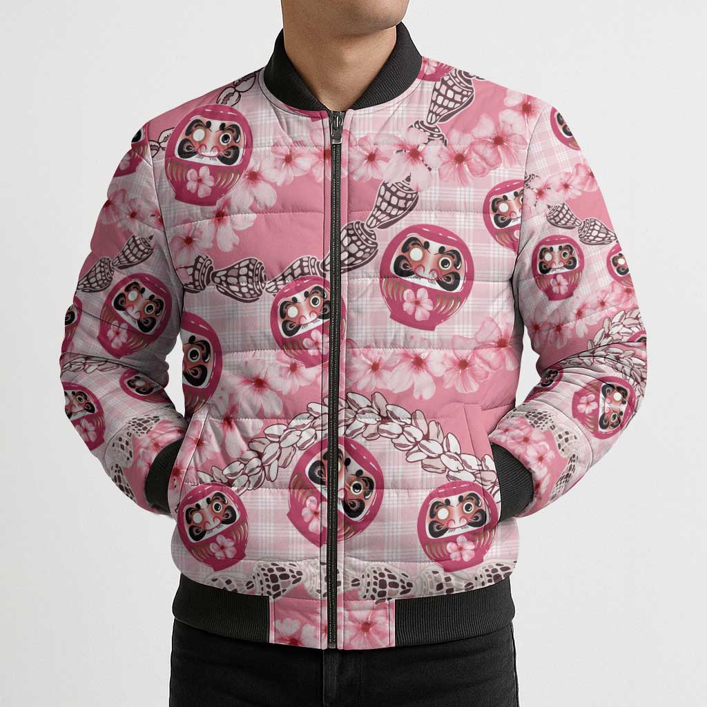 Japanese Daruma Doll Palaka Bomber Puffer Jacket Cherry Blossoms With Shell Lei - Polynesian Pride