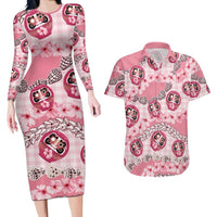 Japanese Daruma Doll Palaka Couples Matching Long Sleeve Bodycon Dress and Hawaiian Shirt Cherry Blossoms With Shell Lei LT14 Pink - Polynesian Pride