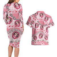 Japanese Daruma Doll Palaka Couples Matching Long Sleeve Bodycon Dress and Hawaiian Shirt Cherry Blossoms With Shell Lei LT14 - Polynesian Pride